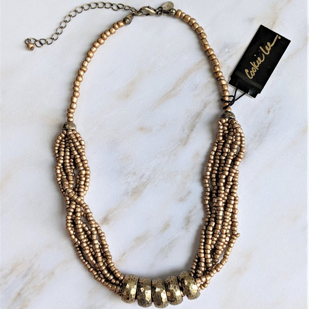 Cookie Lee Gold Bronze Sliding Hammered Disc Bead Necklace